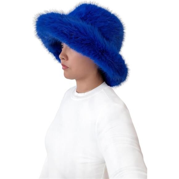 Oversized Winter Faux Fur Bucket Hat for Women Royal Blue - Picture 3 of 6